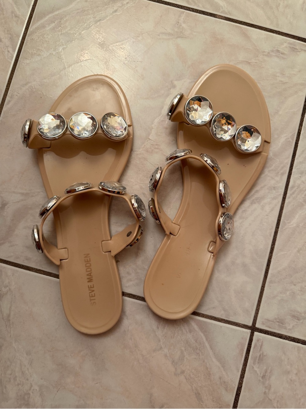 Steve Madden Nude Jeweled Double-Strap Slide Sandals